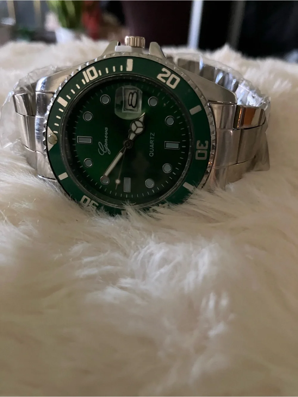 Geneva Men's Watch with Green Dial and Silver Bracelet
